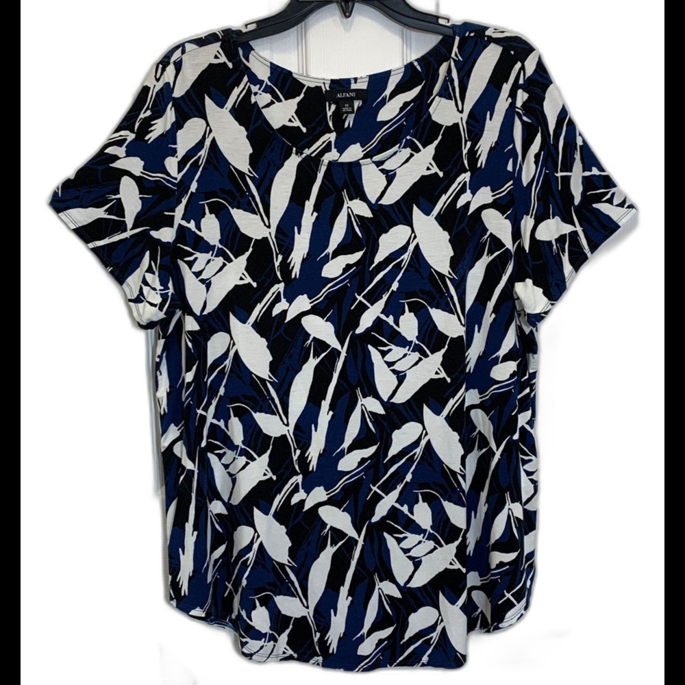 Alfani Knit Top Women’s Plus Size 2X Blue Leaf Pullover Scoop Neck Short Sleeve